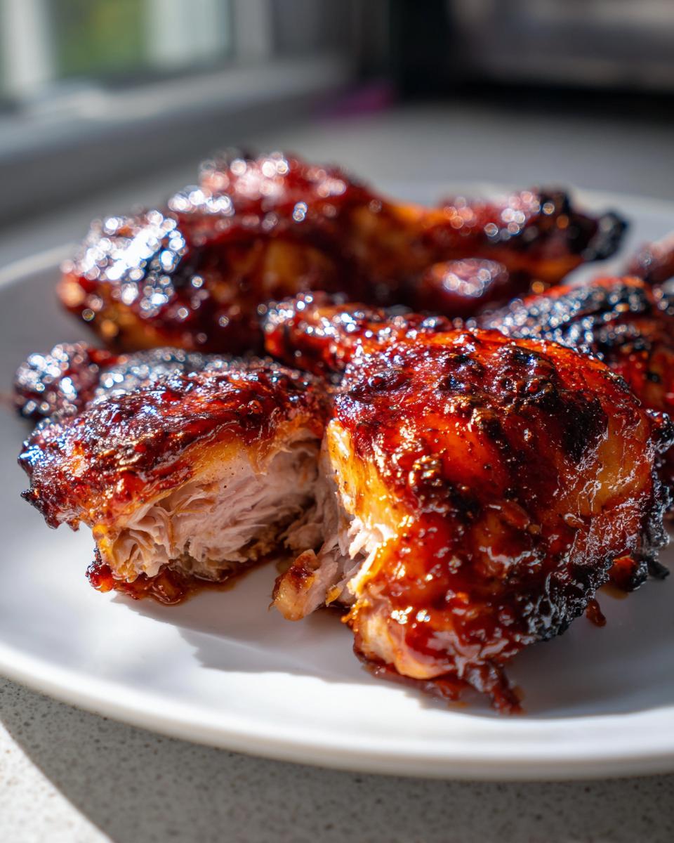Close-up of juicy BBQ chicken, with one piece cut open to show the tender, moist interior.
