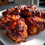 Close-up of several pieces of juicy BBQ chicken coated in a thick, dark red, caramelized sauce.
