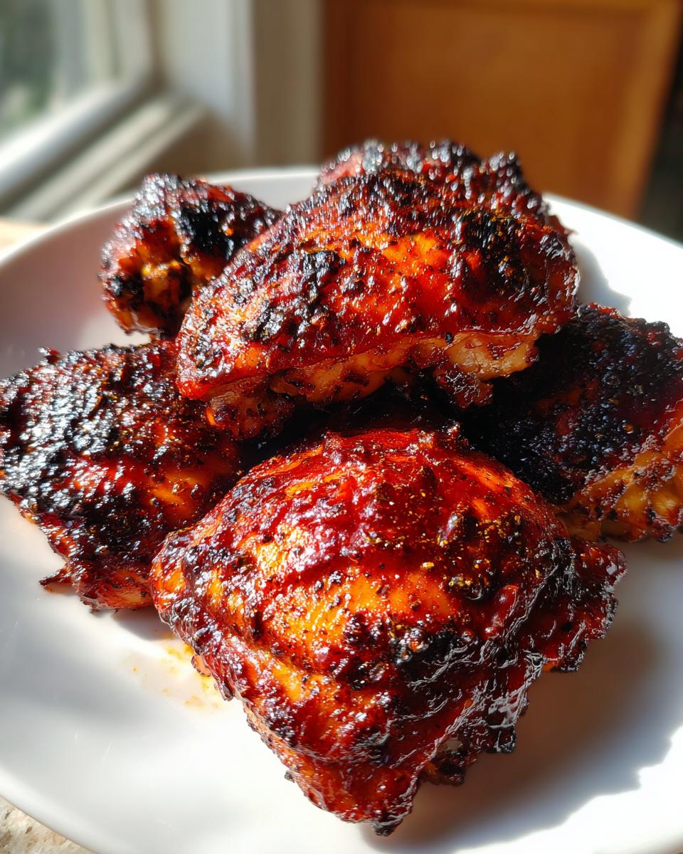 A pile of perfectly cooked, juicy BBQ chicken thighs with a dark, caramelized glaze.