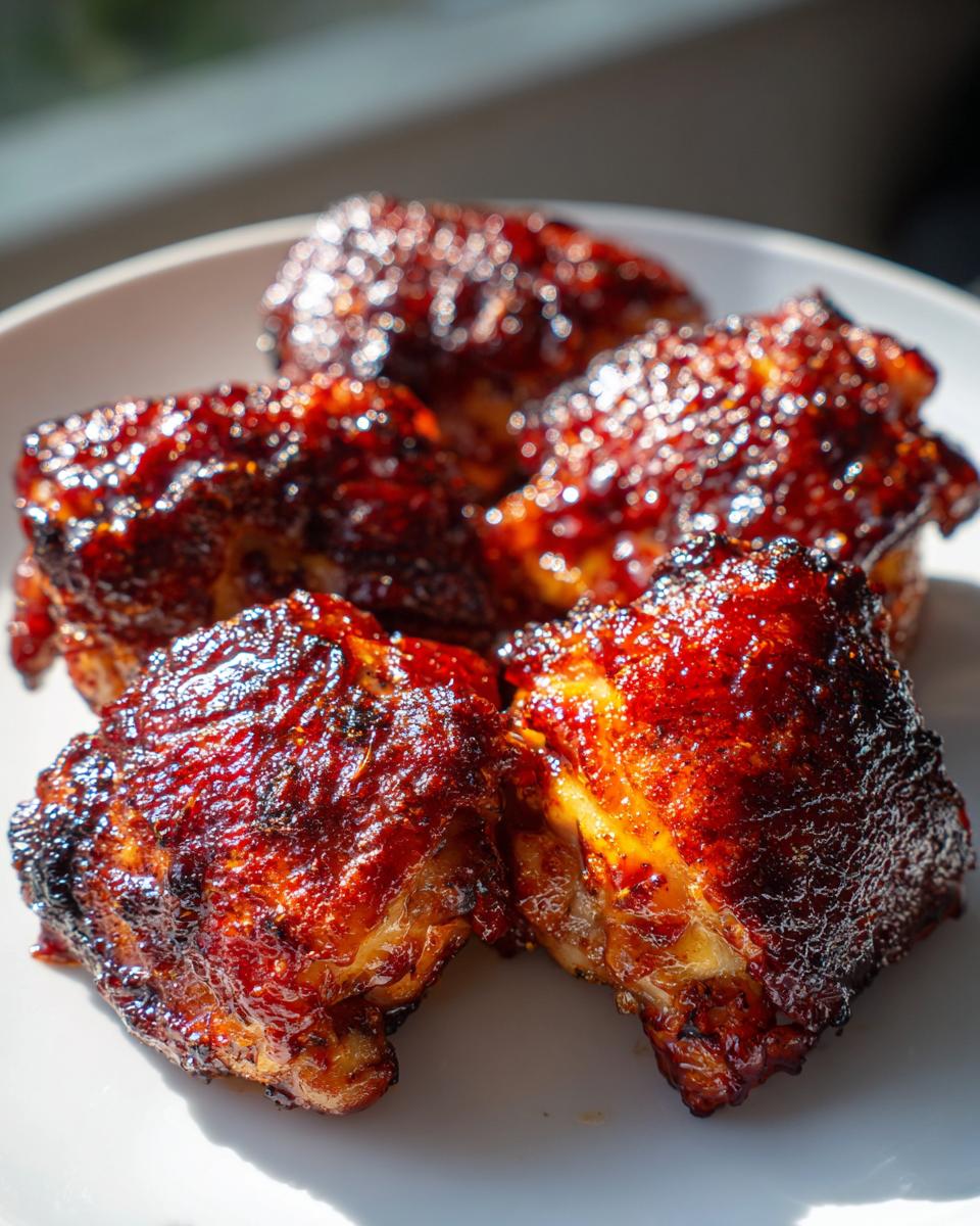 Close-up of four pieces of incredibly juicy bbq chicken thighs covered in a thick, dark, caramelized glaze.