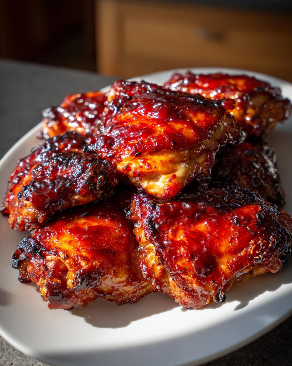 A pile of incredibly juicy bbq chicken thighs coated in a thick, dark, caramelized sauce, resting on a white plate.