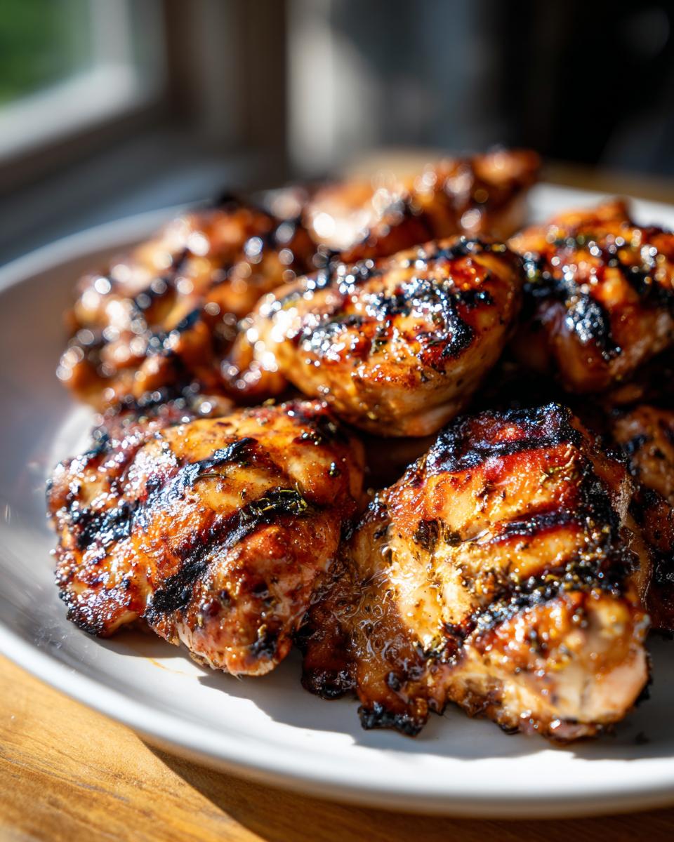 Close-up of beautifully grilled chicken thighs showing char marks, glazed from the best chicken marinade.