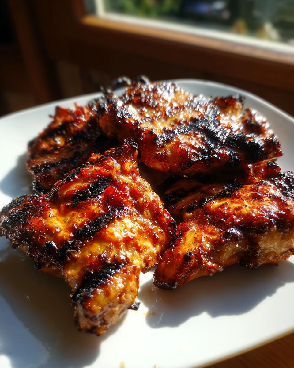 Close-up of four pieces of perfectly grilled chicken with dark char marks, likely using the best chicken marinade.