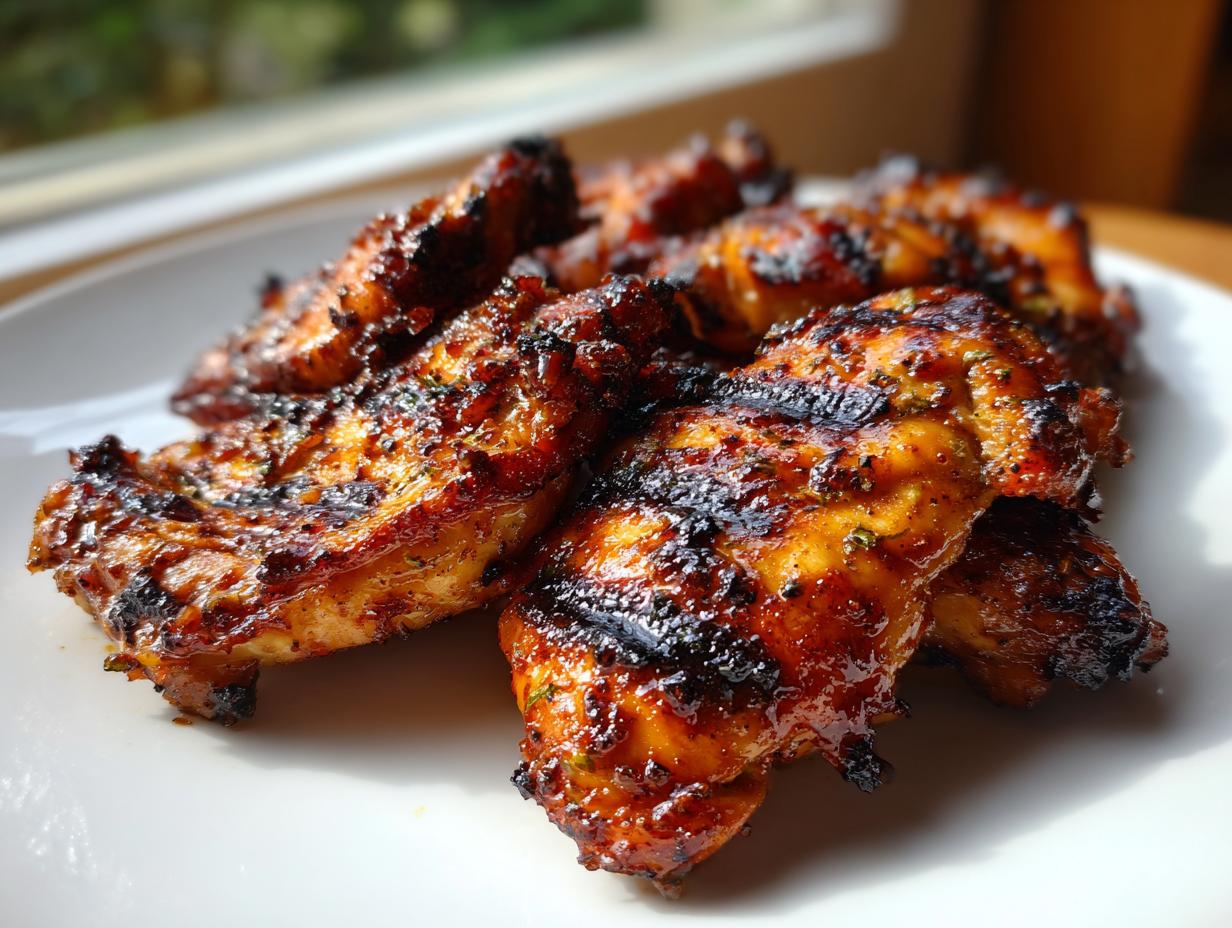 Close-up of beautifully grilled, glazed chicken pieces showing char marks, achieved with the best chicken marinade.