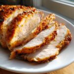 Close-up of perfectly sliced, juicy slow cooker turkey breast with a seasoned, browned exterior.