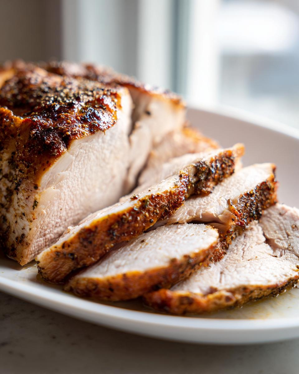 Close-up of sliced, juicy slow cooker turkey breast with a well-seasoned, browned crust on a white platter.