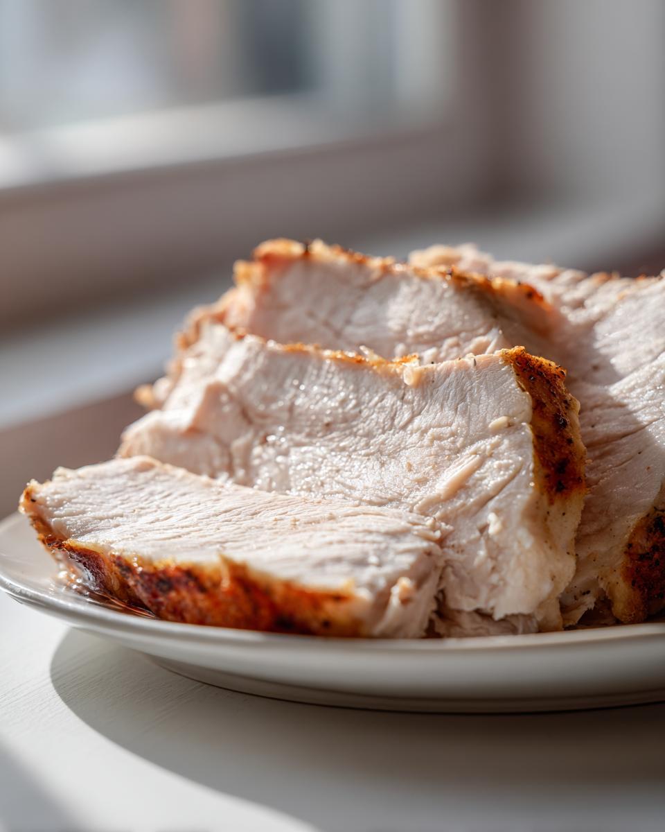 Close-up of thick, juicy slices of slow cooker turkey breast on a white plate.