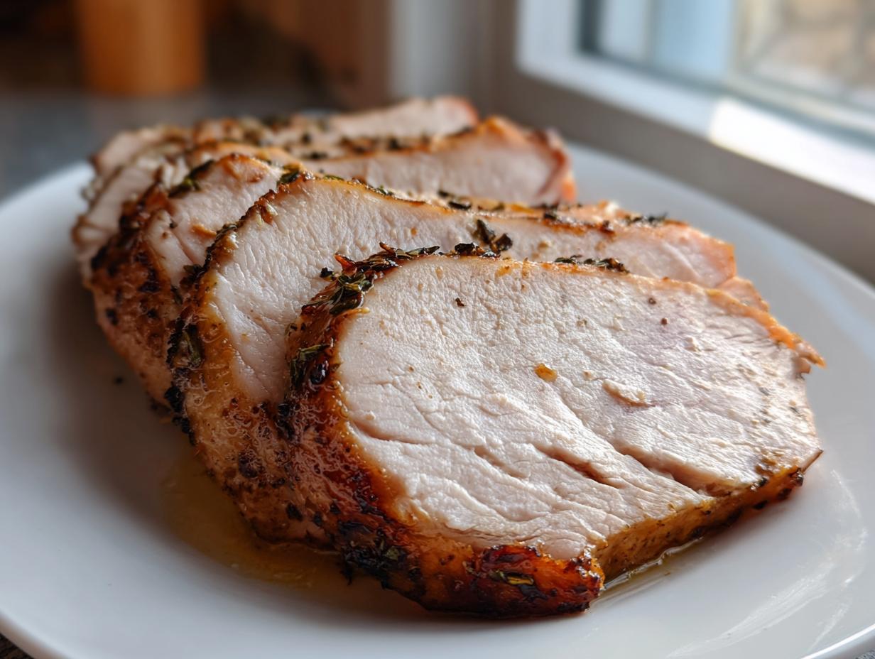Close-up of thick, juicy slices of slow cooker turkey breast seasoned with herbs.