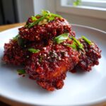 Close-up of glossy, deep red korean fried chicken pieces topped with sesame seeds and fresh green scallions.