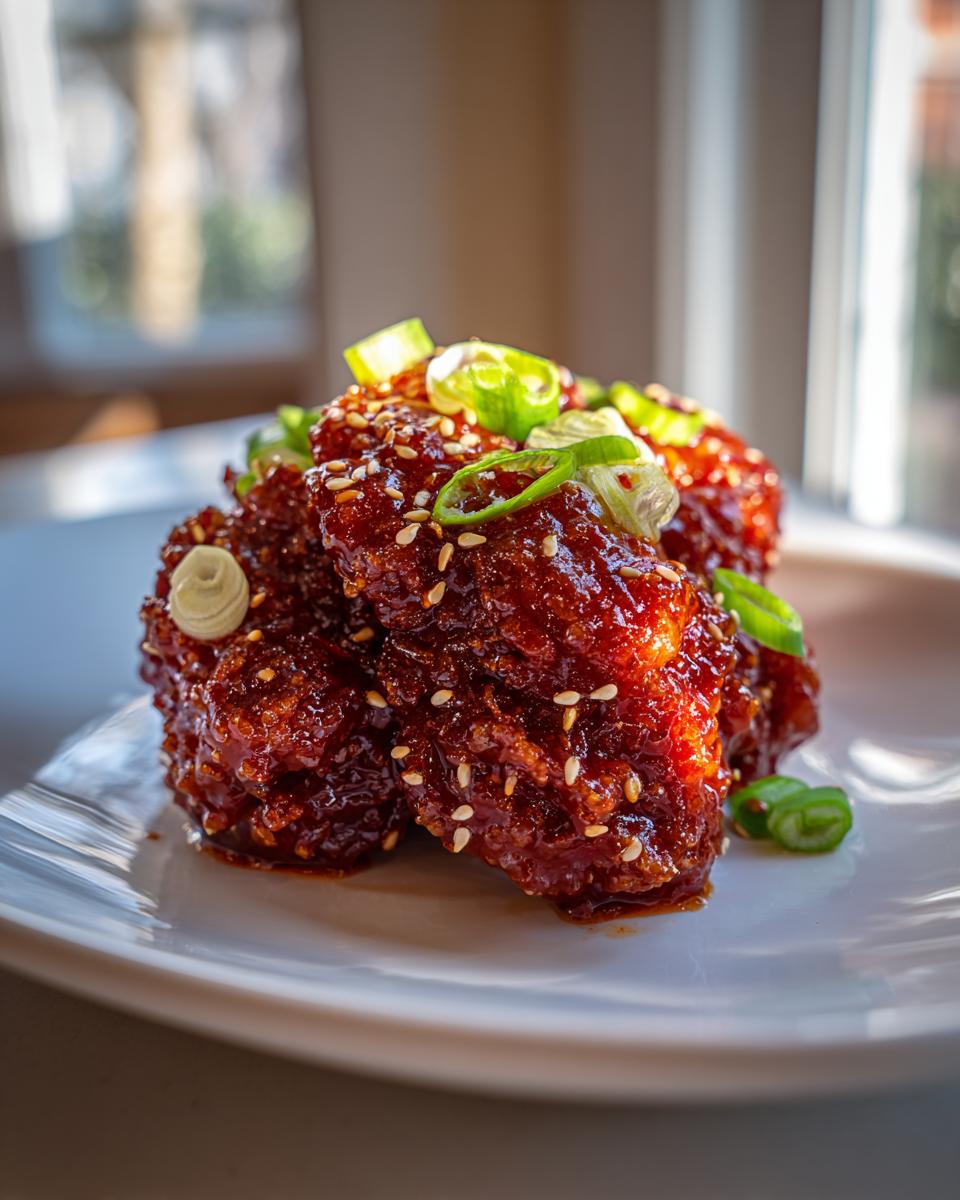 Close-up of glossy, saucy korean fried chicken pieces topped with sesame seeds and sliced green onions.