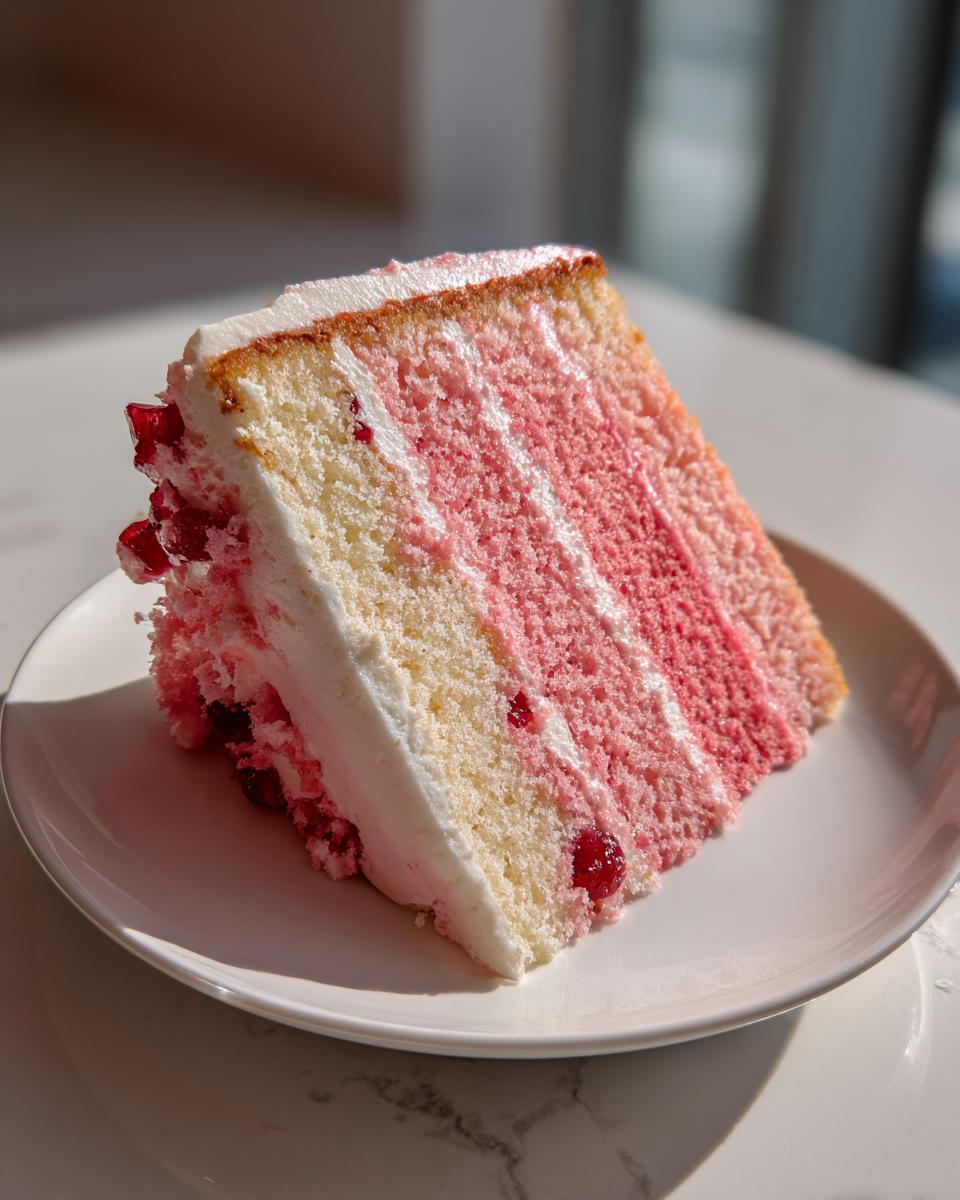 A tall, moist slice of layered cherry cake featuring ombre pink and white sponge layers and visible cherry pieces, served on a white plate.