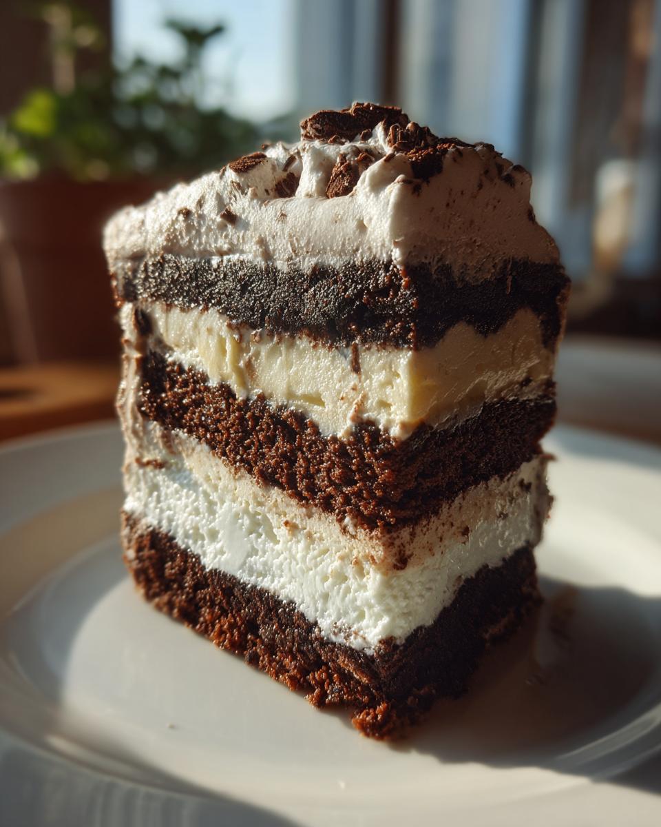 A tall, decadent slice of italian love cake showing alternating layers of dark chocolate cake and white cream filling, topped with whipped cream and chocolate shavings.