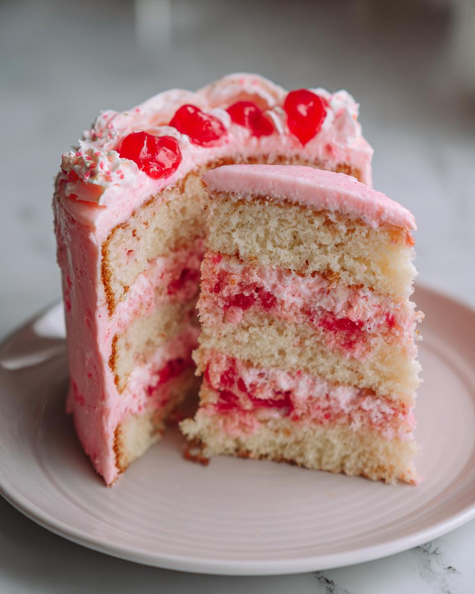 A slice cut from a layered pink Cherry Cake, showing white cake layers filled with pink cherry cream and topped with maraschino cherries.