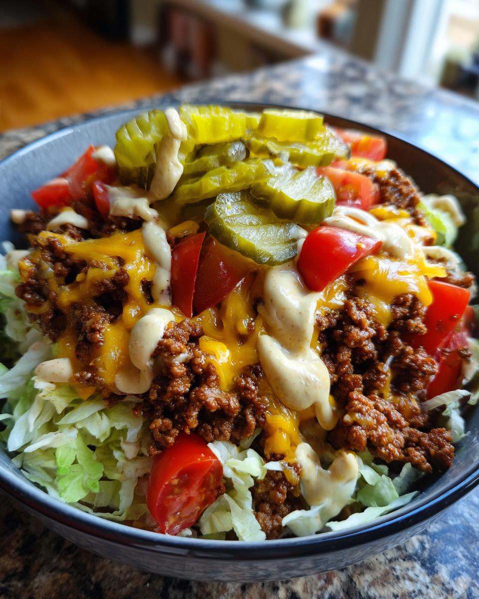 A close-up of a delicious cheeseburger bowl layered with lettuce, seasoned ground beef, melted cheese, tomatoes, pickles, and sauce.