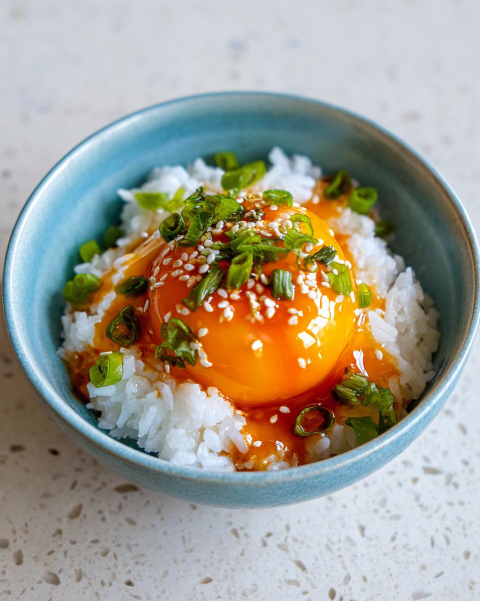 A close-up of a bright orange marinated eggs yolk served over white rice, topped with green onions and sesame seeds.