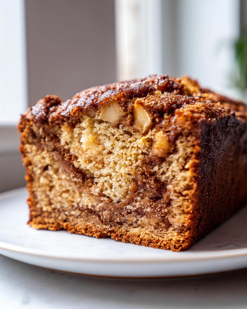 Close-up of a moist slice of apple bread showing chunks of apple and a rich cinnamon swirl inside.