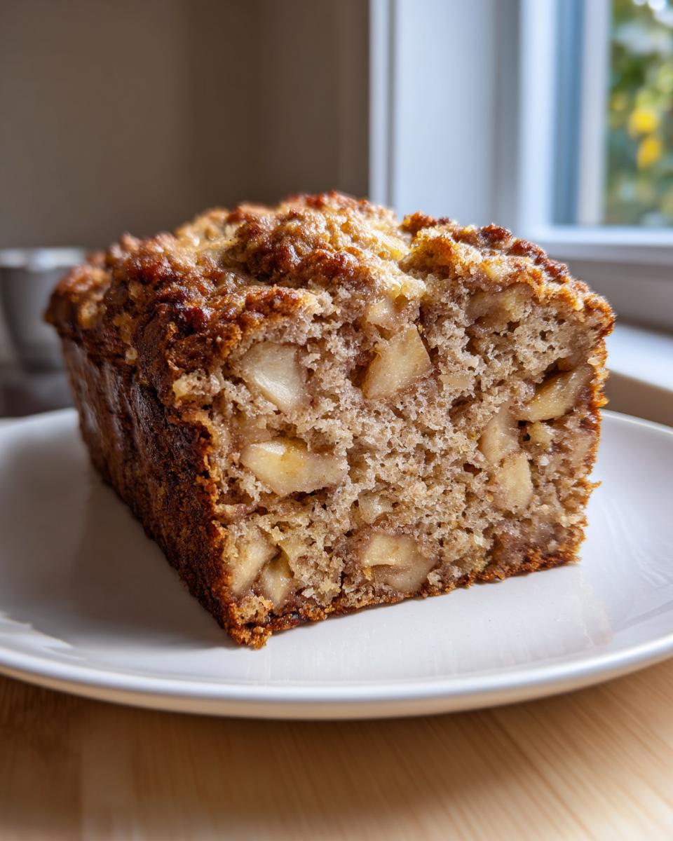 A close-up of a moist slice of homemade apple bread showing chunks of apple throughout the crumb.