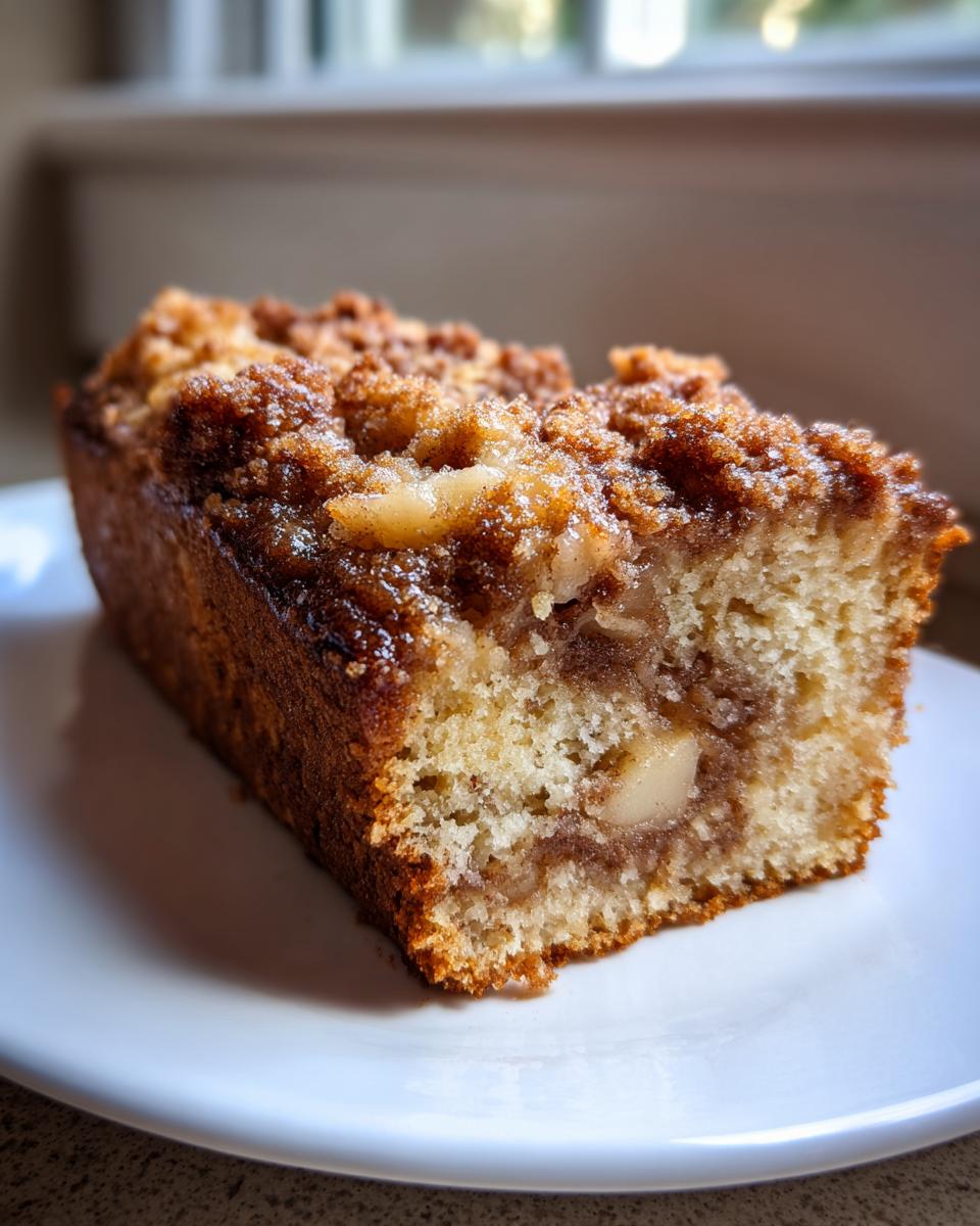 Close-up of a moist slice of apple bread featuring a rich cinnamon swirl and crunchy streusel topping.