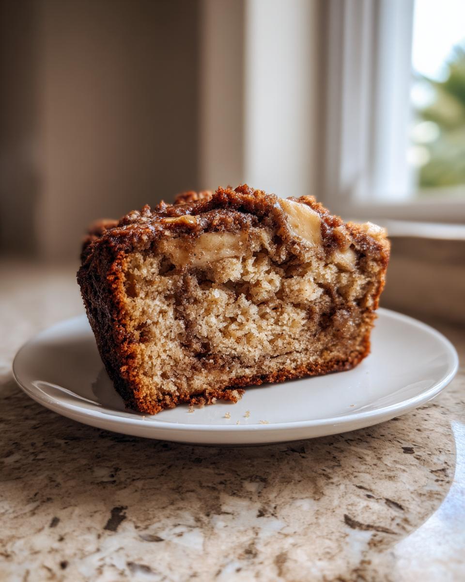 A close-up of a moist slice of apple bread showing the crumb texture and cinnamon swirl, served on a white plate.