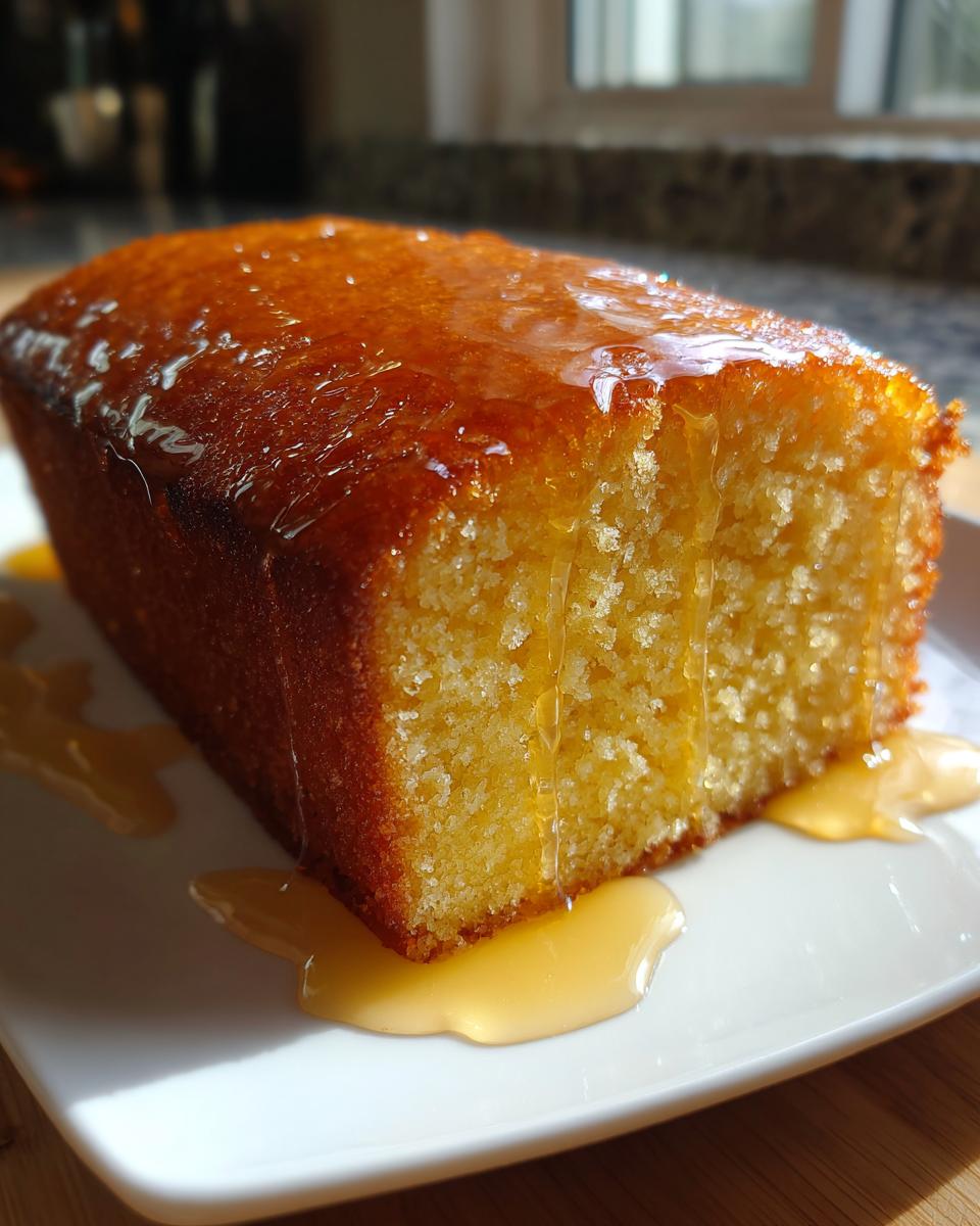 Close-up of a slice of moist Bacardi Rum Cake, heavily drizzled with a shiny, amber glaze.