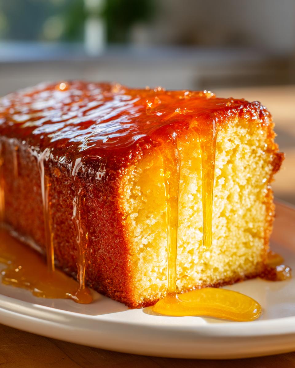 Close-up of a slice of moist bacardi rum cake soaking up a rich, amber-colored rum glaze.