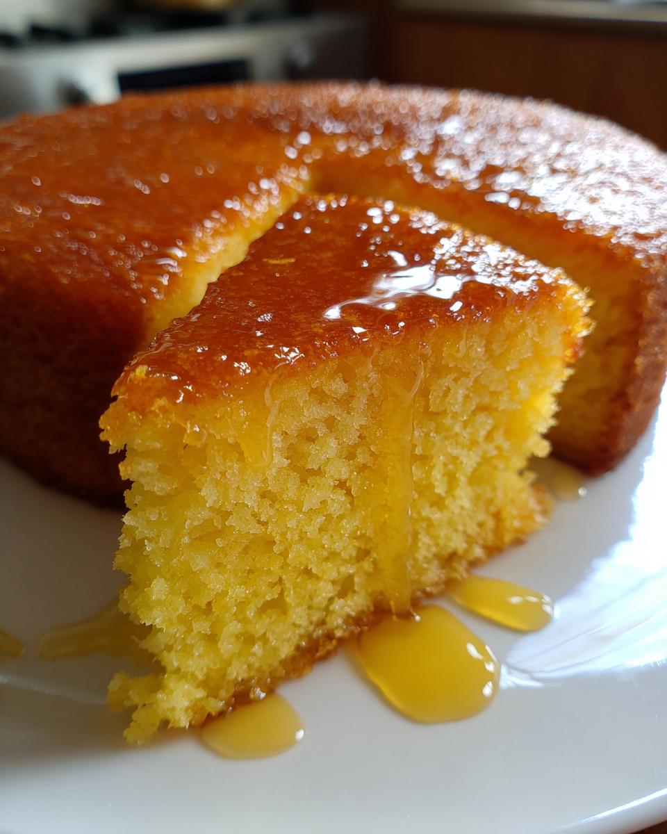 Close-up of a slice of moist Bacardi rum cake being served, dripping with a golden rum glaze.