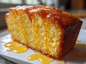 Close-up of a moist slice of Bacardi rum cake generously drizzled with a golden rum glaze.