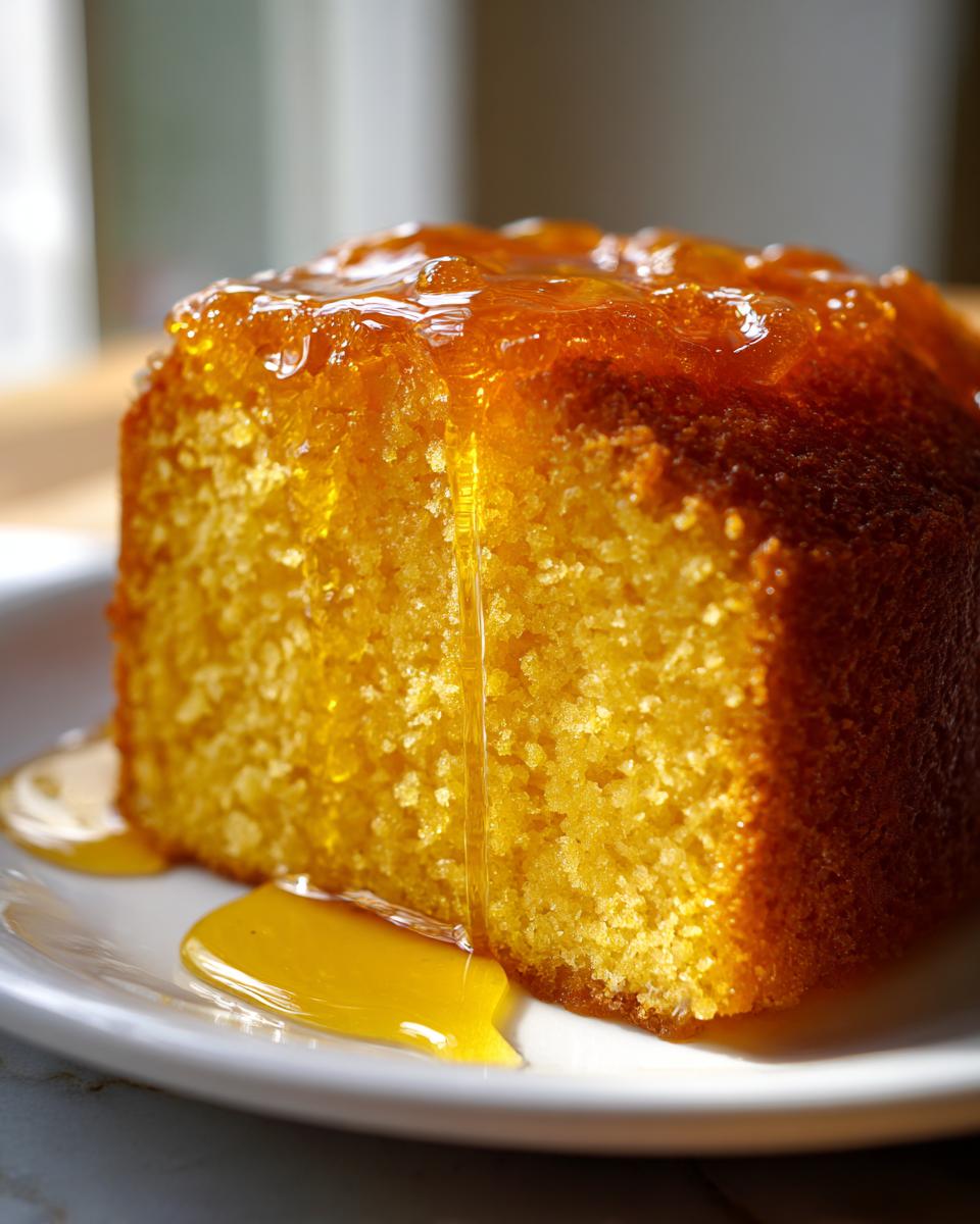 Close-up of a moist slice of Bacardi rum cake being drizzled with a thick, amber-colored rum glaze.
