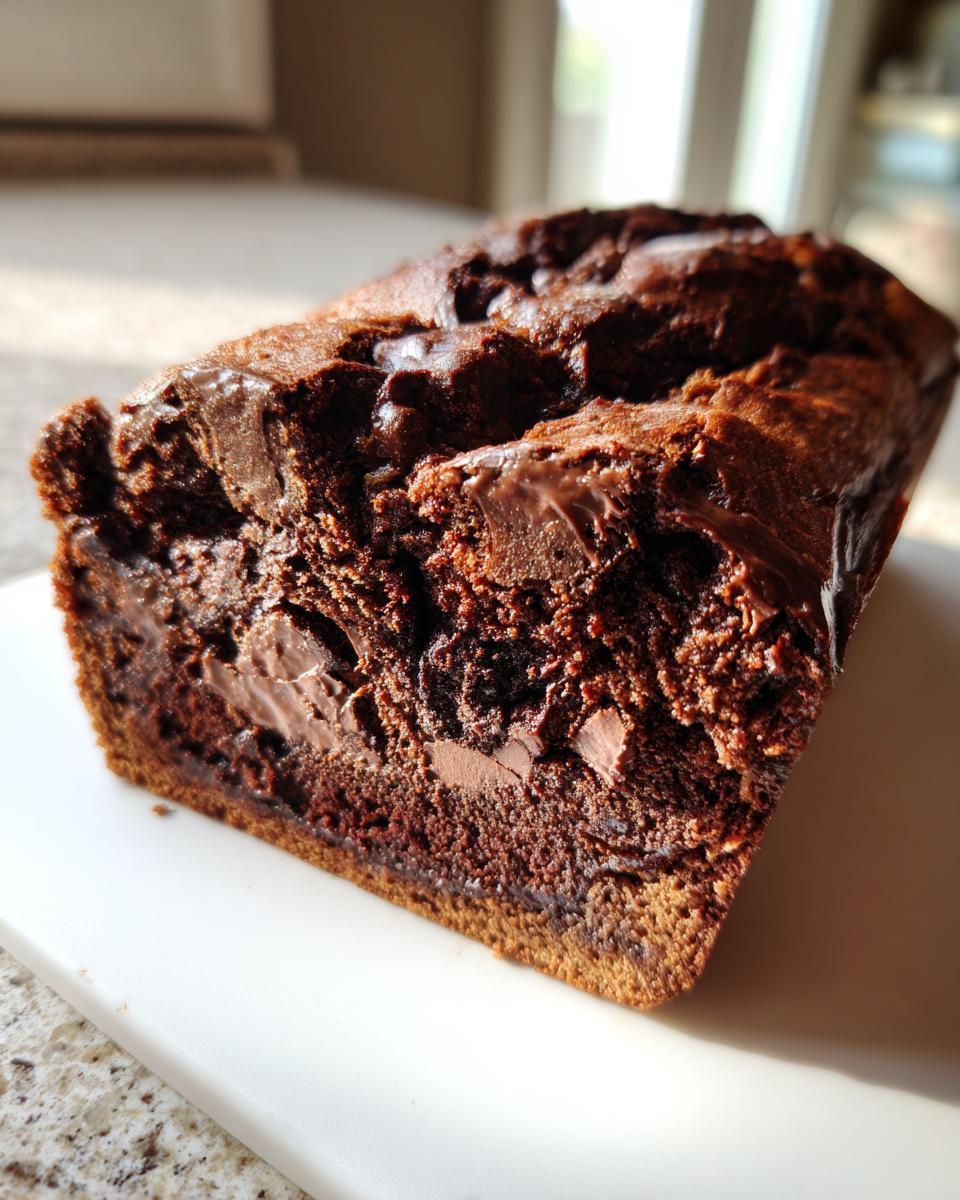 Close-up of a freshly baked, moist chocolate bread loaf showing a rich, dark crumb and melted chocolate chips inside.