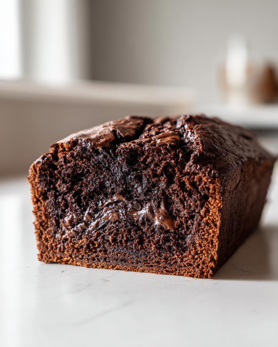 Close-up of a moist chocolate bread loaf showing a rich, dark crumb and melted chocolate chips inside.
