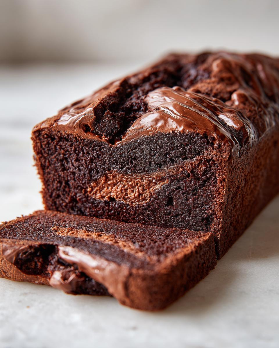 Close-up of a moist chocolate bread loaf, sliced to show a rich chocolate swirl filling and glossy chocolate topping.