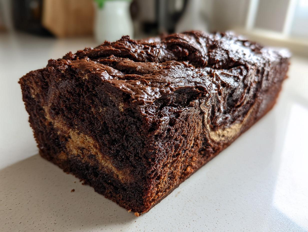 A freshly baked, moist chocolate bread loaf featuring a rich, dark chocolate crust and visible light/dark batter swirl inside.