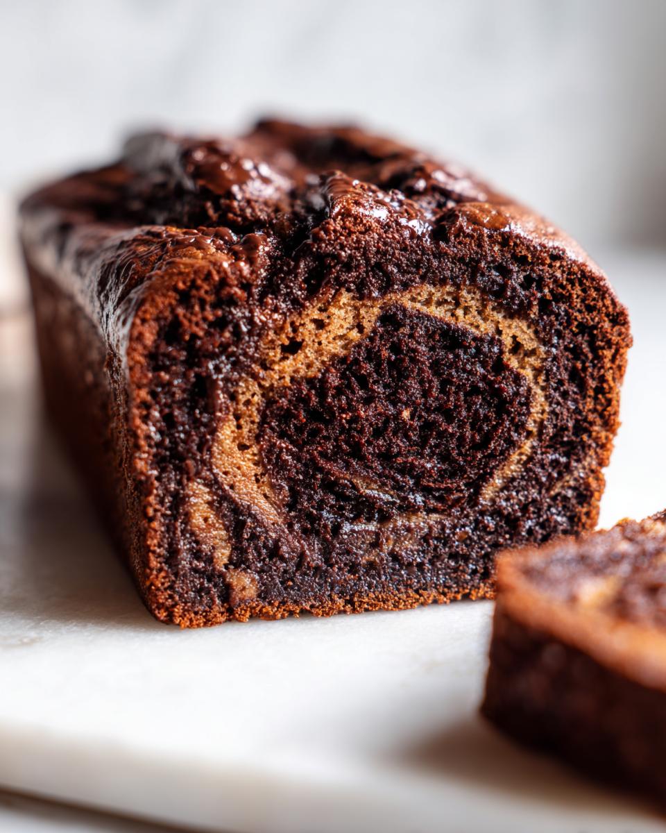Close-up of a moist chocolate bread loaf showing a rich, dark swirl pattern inside.