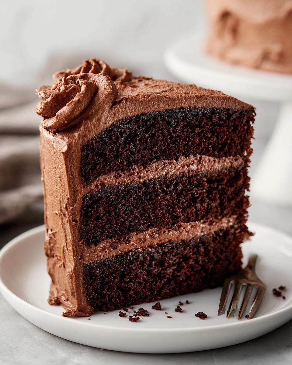 Close-up of a rich, three-layer slice of moist chocolate cake covered in chocolate buttercream frosting.