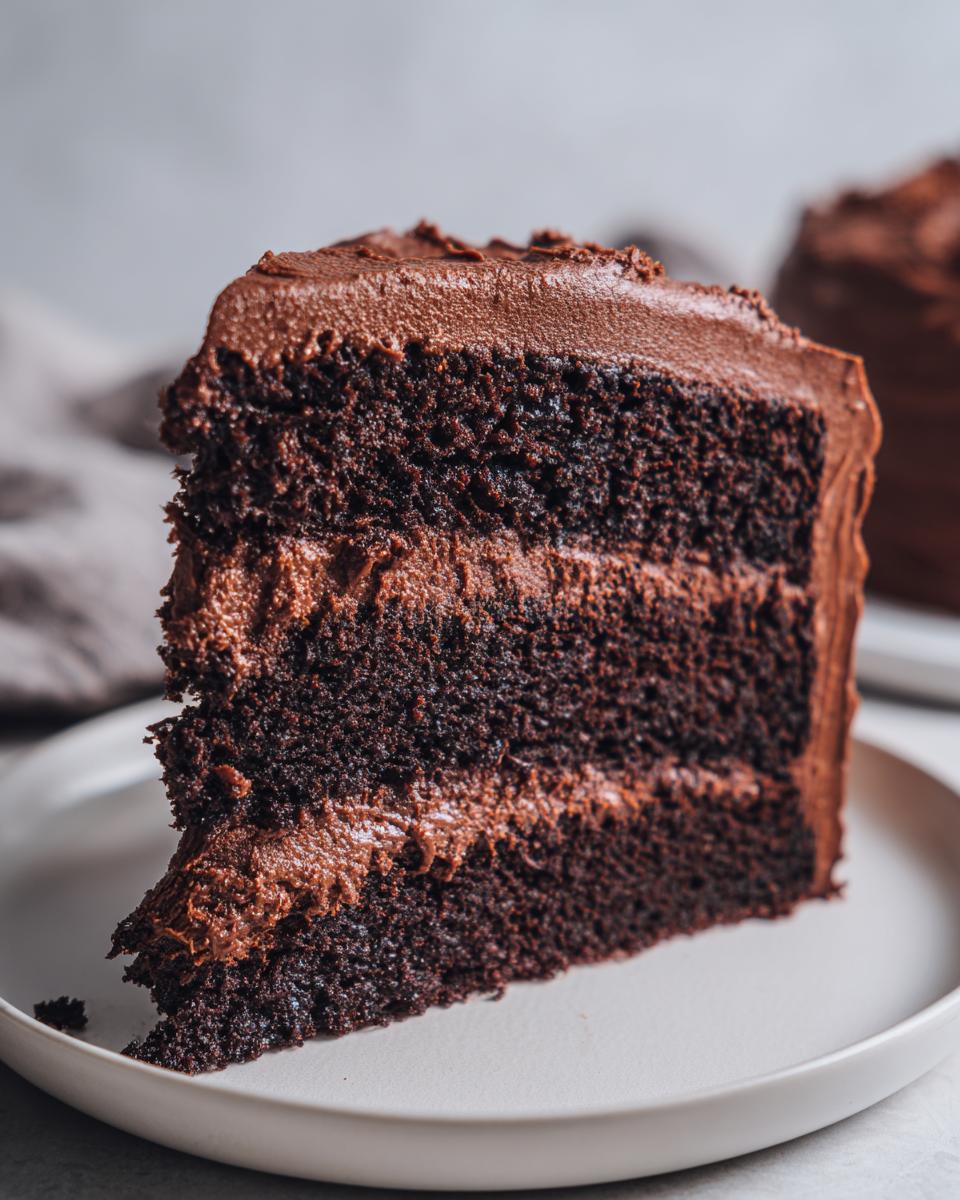 Close-up of a thick slice of moist chocolate cake featuring three dark layers separated by chocolate frosting.