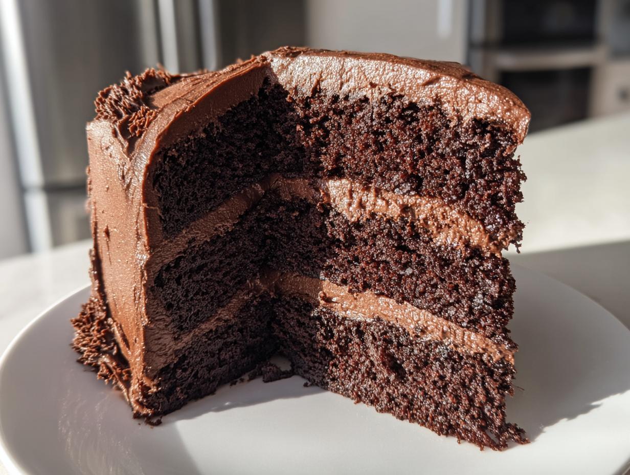 A thick slice of moist chocolate cake with three layers of dark cake and two layers of chocolate frosting.