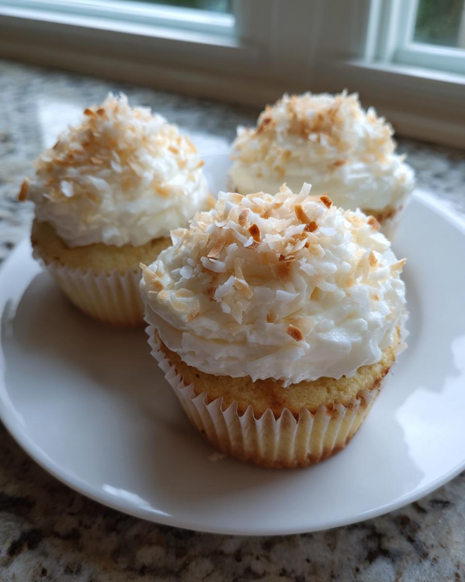 Three moist coconut cupcakes topped with white frosting and toasted coconut flakes, sitting on a white plate.