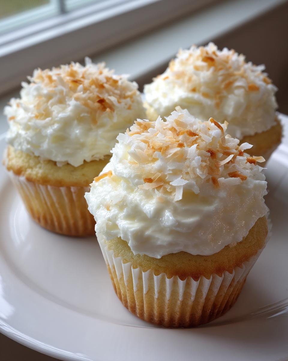 Three moist coconut cupcakes topped with white frosting and toasted coconut flakes sitting on a white plate.