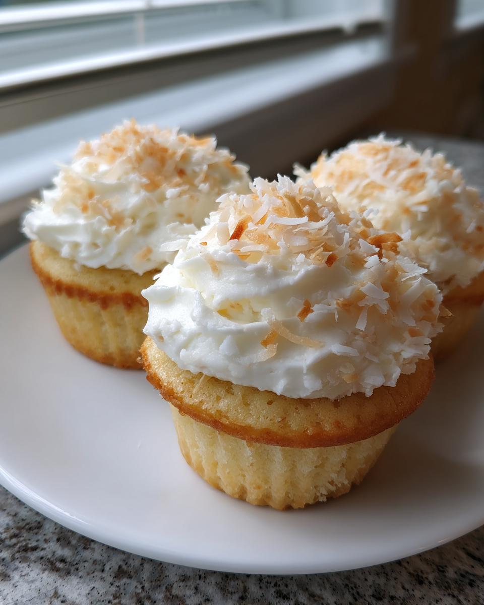 Three moist coconut cupcakes topped with white frosting and toasted coconut flakes, sitting on a white plate.