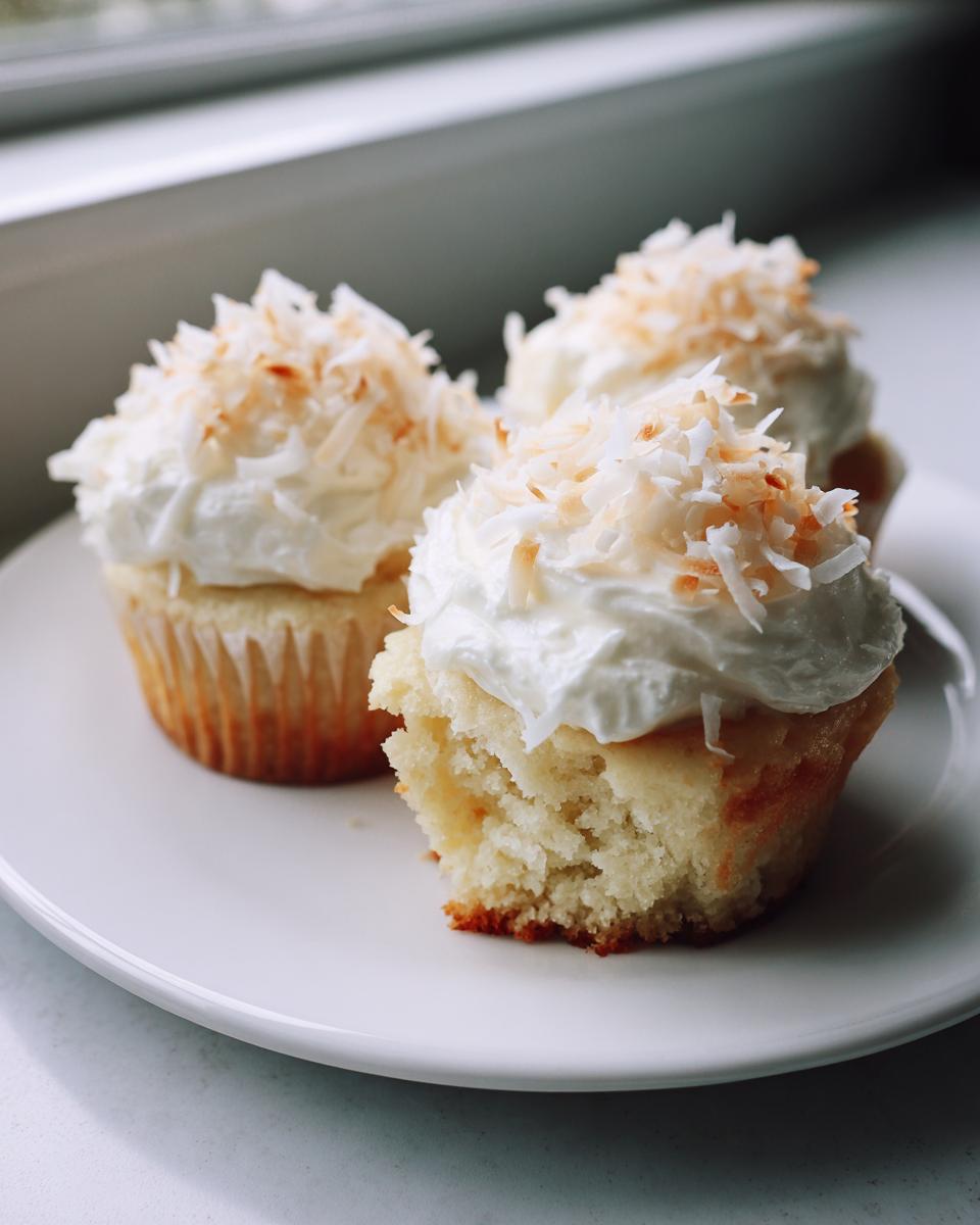 Three moist coconut cupcakes with white frosting and toasted coconut flakes, one is partially eaten.