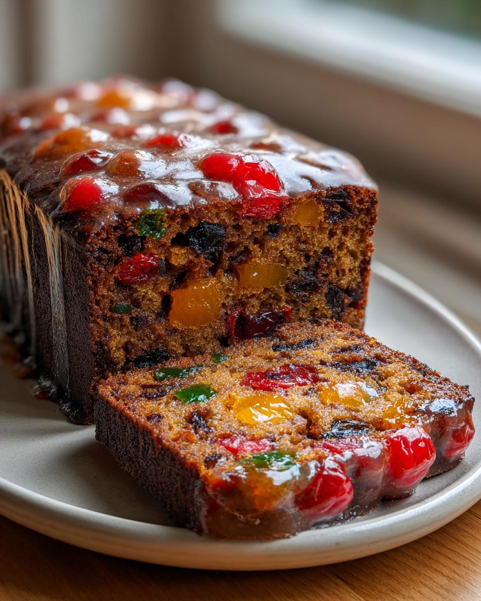 Close-up of a moist fruit cake recipe loaf, sliced to show colorful candied fruit, topped with a shiny glaze.