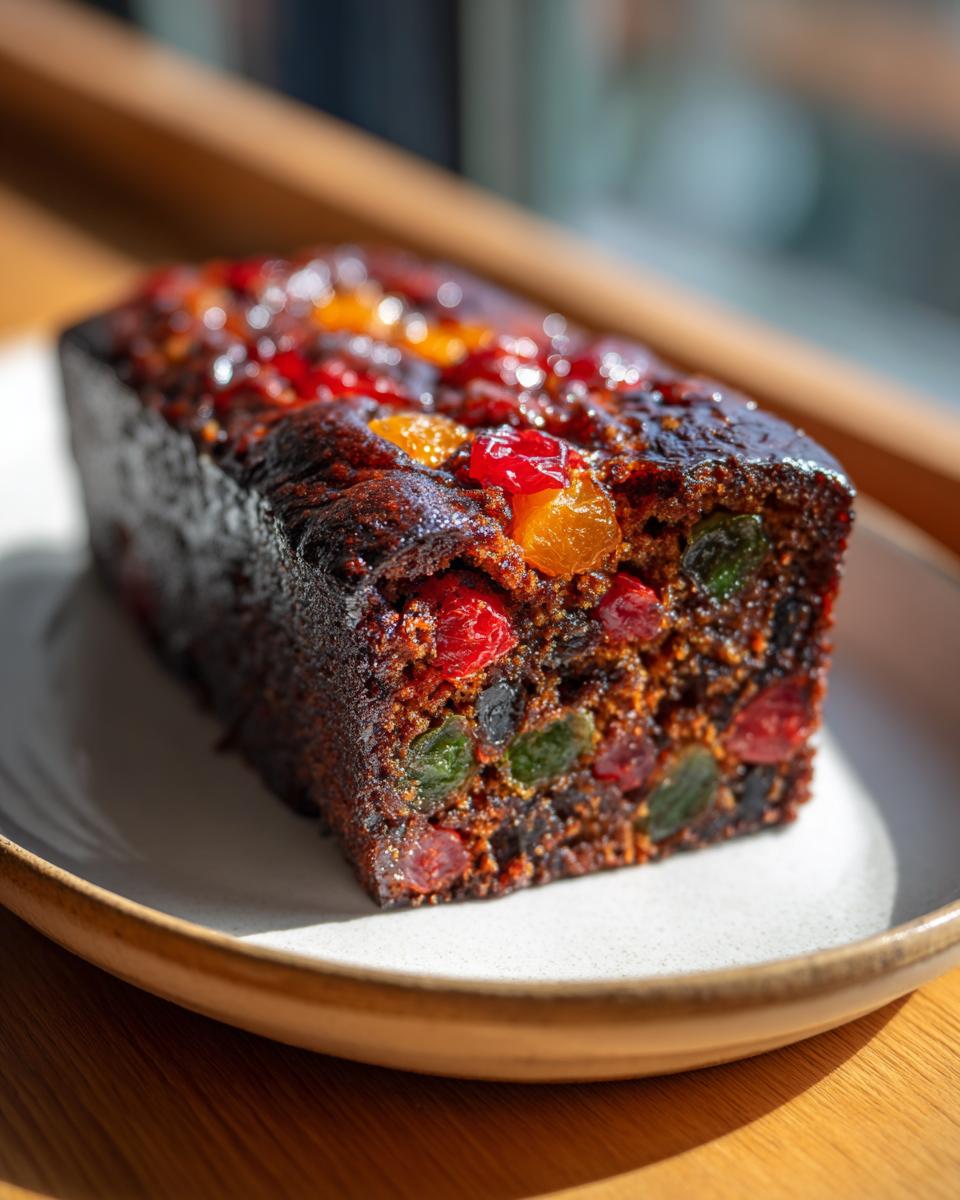 Close-up of a dark, moist fruit cake recipe loaf topped with colorful candied fruits, sitting on a light plate.