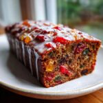 A close-up of a slice of moist fruit cake recipe loaf, topped with colorful candied fruit and drizzled with white icing.