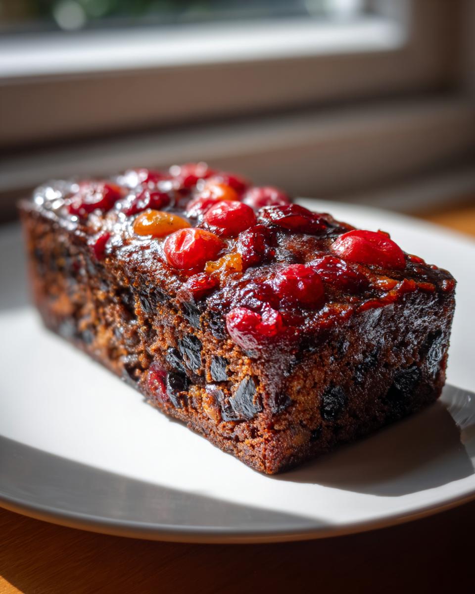 A close-up of a dark, moist loaf from a fruit cake recipe, topped with glazed red cherries and candied fruit.