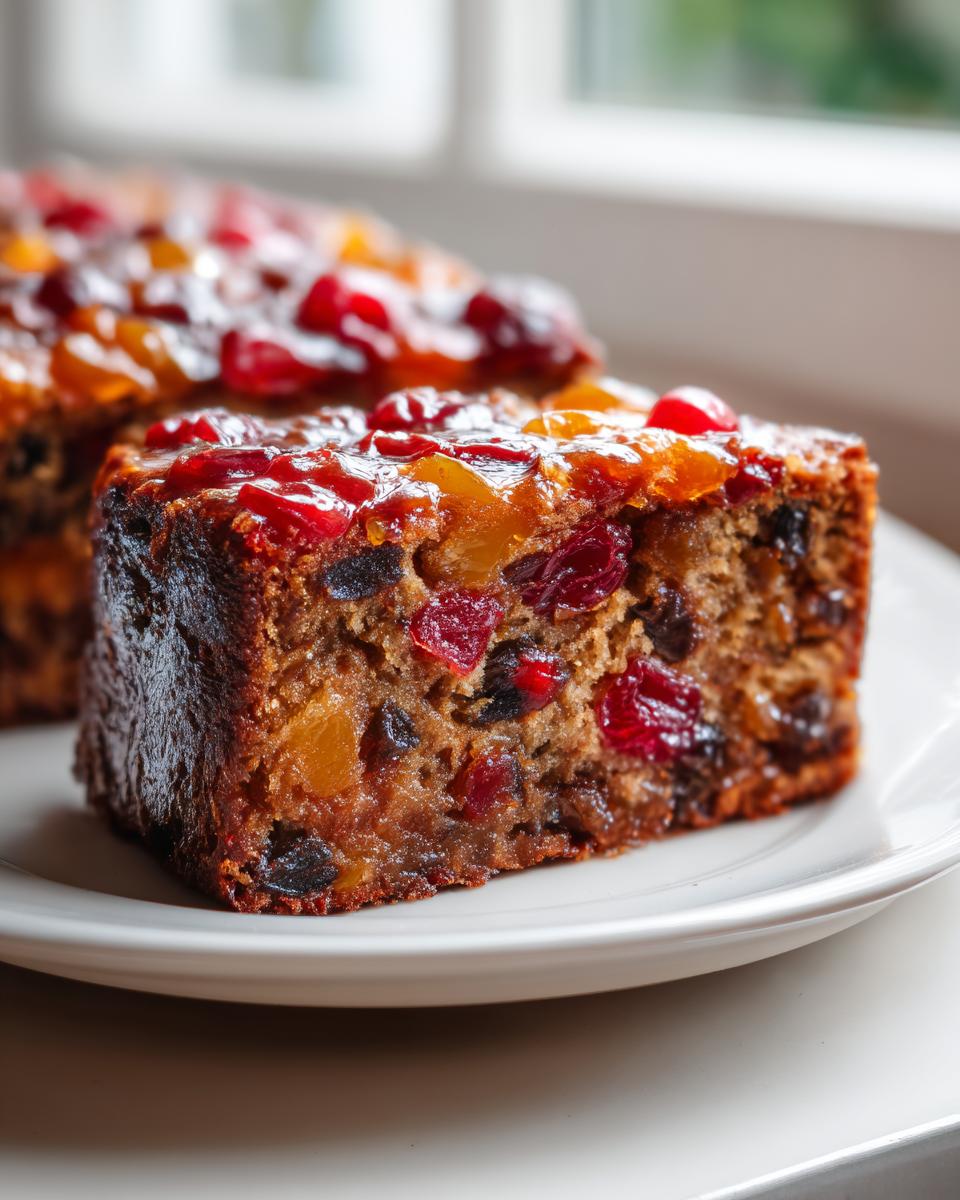 Close-up of a moist slice of fruit cake recipe packed with colorful dried and candied fruits.