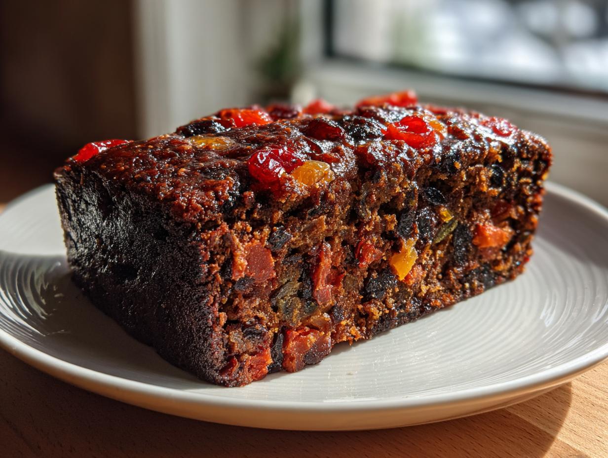 Close-up of a rich, dark slice of moist fruit cake recipe studded with candied cherries and dried fruit.