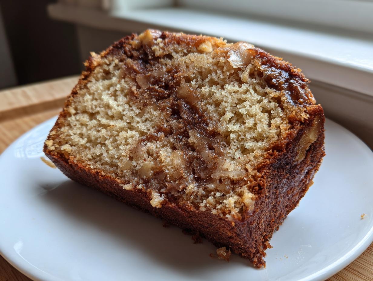 Close-up of a moist slice of apple bread showing a rich cinnamon swirl and tender crumb.