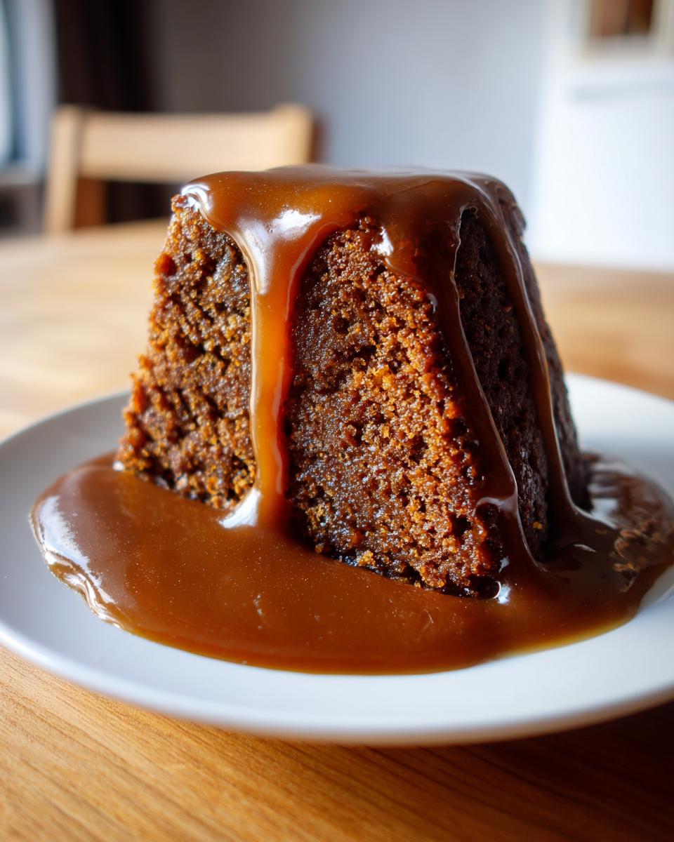 A close-up of a moist sticky toffee pudding recipe portion drenched in rich toffee sauce.