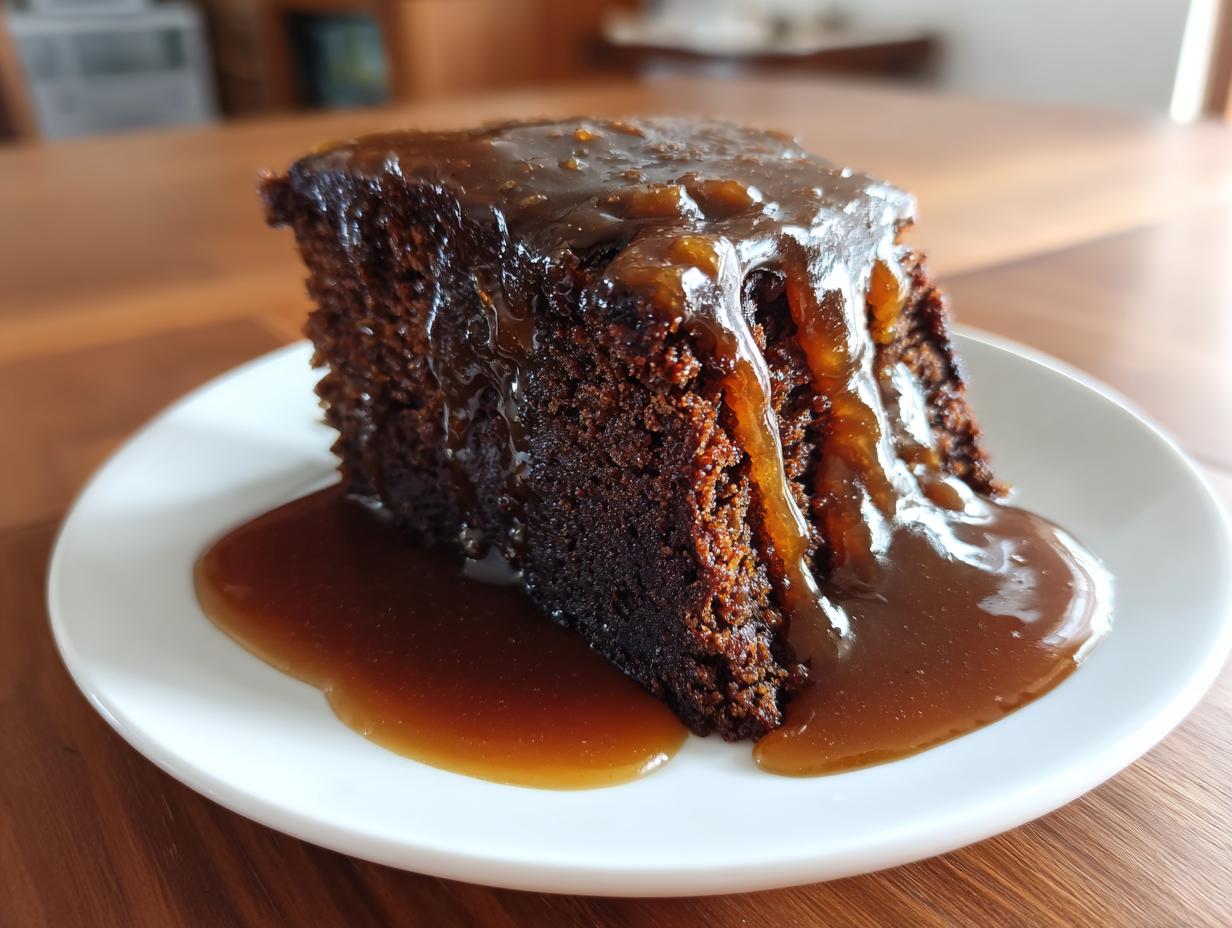 A rich, dark slice of sticky toffee pudding recipe cake generously covered in thick toffee sauce.