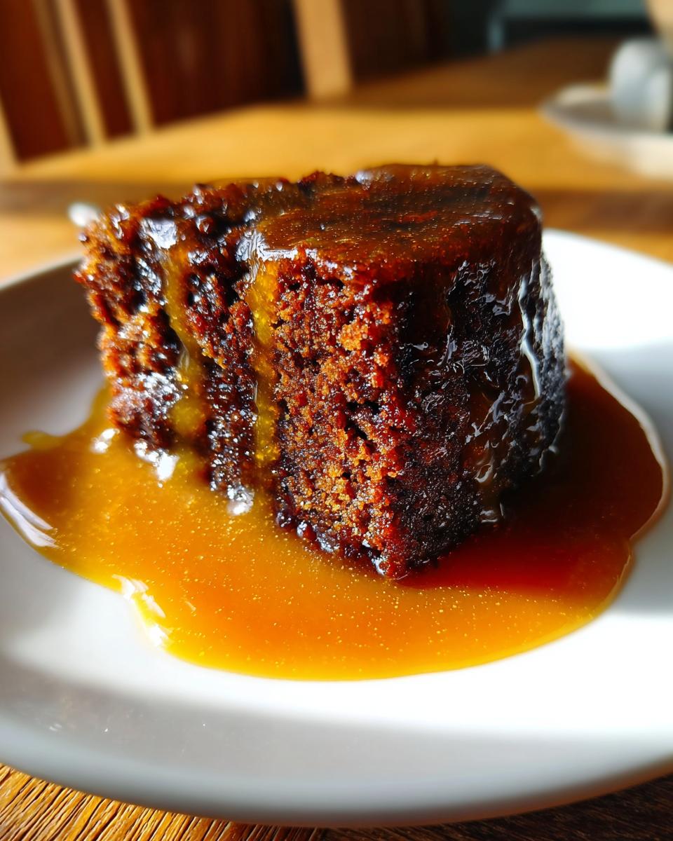 Close-up of a rich, dark slice of sticky toffee pudding recipe covered in glossy toffee sauce.